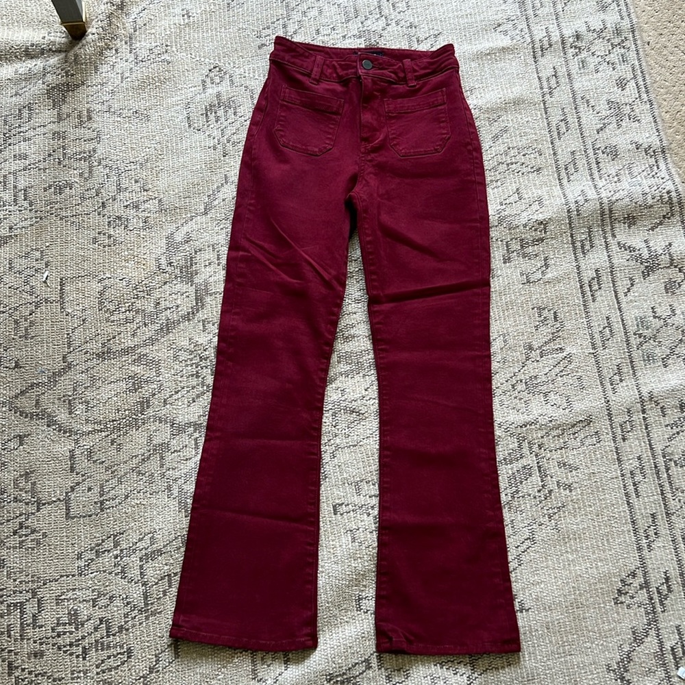 Paige high rise front pocket 1960s style burgundy colored jeans
